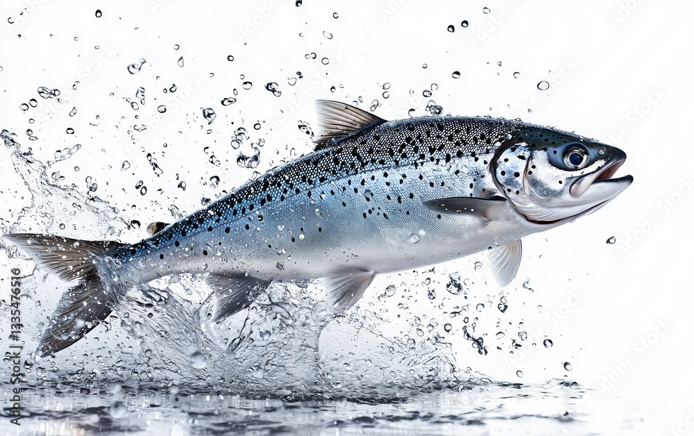 Obraz premium A vibrant salmon fish leaping from the water, splashing droplets against a white background.