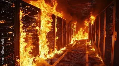 A server room engulfed in flames with burning equipment and smoke.