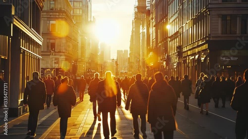 Bustling City Street at Sunset People Walking in Urban Scene with Long Shadows and Golden Sunlight Reflecting Off Buildings, Creating Vibrant Atmosphere