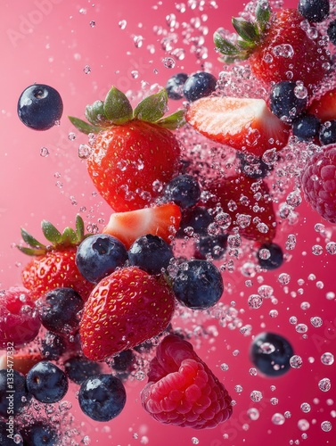 A vibrant magenta background with a spectacular explosion of fresh strawberries, blueberries, and raspberries