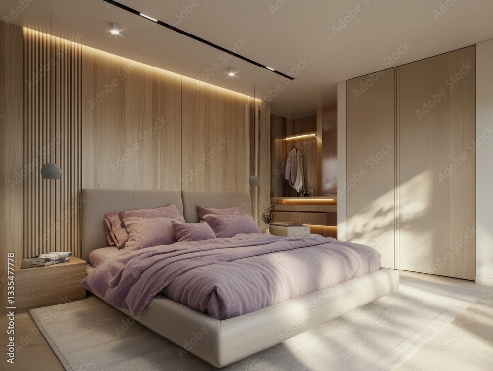 Fototapeta premium A modern bedroom design showcases minimalist wooden paneling and soft colors