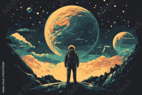An astronaut gazes at planets under a vibrant starry sky