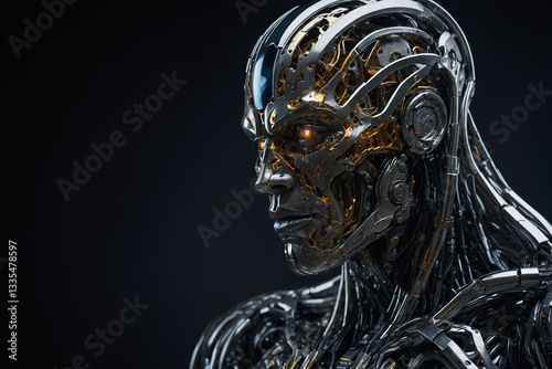 Futuristic Chrome Android with Glowing Core: A High-Tech Guardian in a Sci-Fi World.