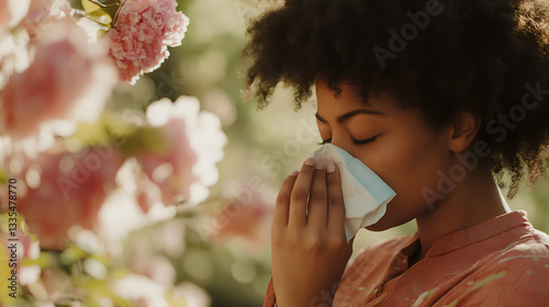 A black pretty woman sneezes into a white handkerchief in a flower garden in spring, seasonal allergy concept.