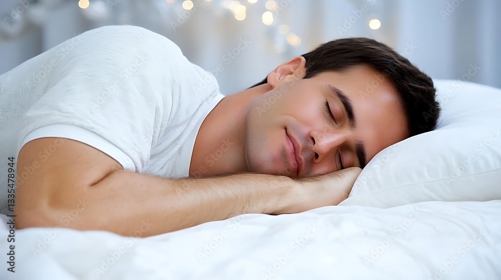 Man peacefully sleeping in bed at home Man peacefully sleeping in bed at home