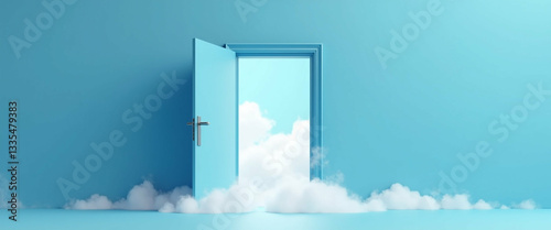 Dreamy escape: Open door to serene skies and soft clouds in blue room