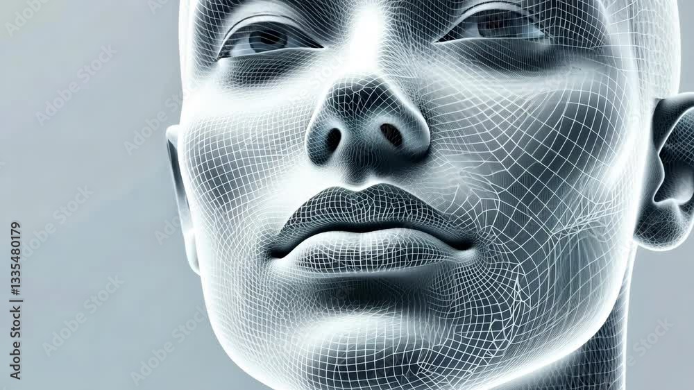 Digital Rendering of Human Face with Wireframe Overlay Showcasing Futuristic and Technological Innovation, Highlighting Intricate Facial Structure and Design Elements