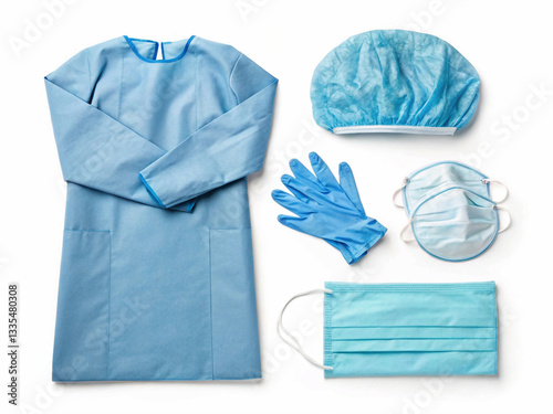 a set of medical protective gear, including a surgical gown, surgical cap, face mask, and gloves on white background 