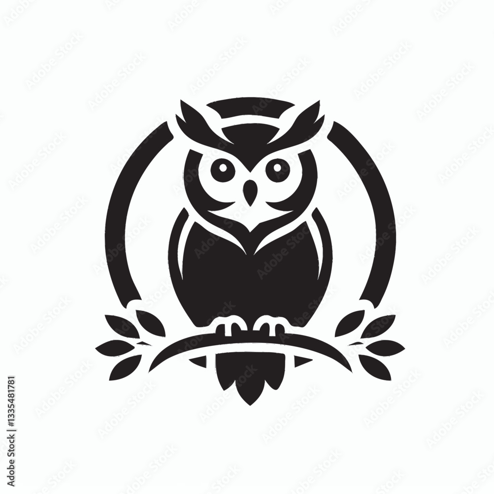 Fototapeta premium A stylized black owl silhouette perched on a branch within a circular frame.
