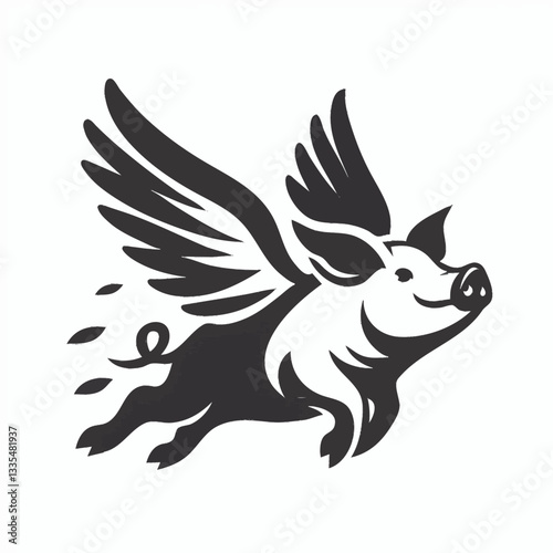A monochrome illustration of a happy, cartoonish pig with large wings in flight.