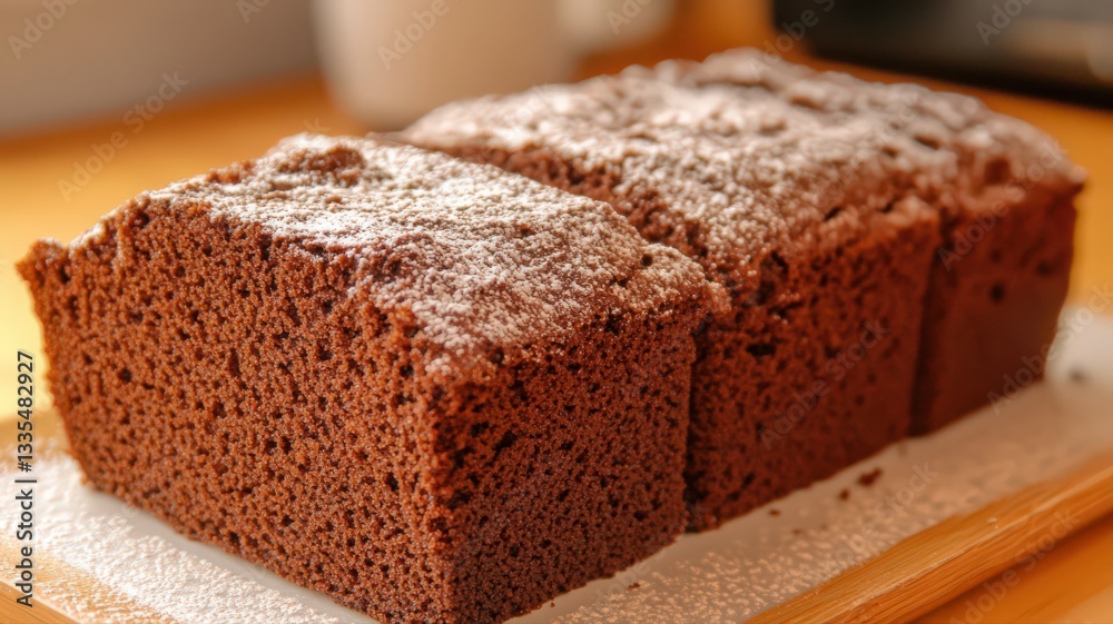 Dark Chocolate Loaf Cake Slices Dusted with Powdered Sugar Dark Chocolate Loaf Cake Slices Dusted with Powdered Sugar