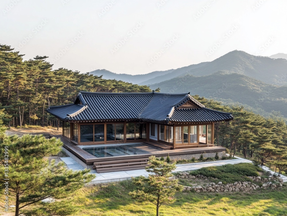A traditional style home sitting atop a scenic mountain landscape A traditional style home sitting atop a scenic mountain landscape