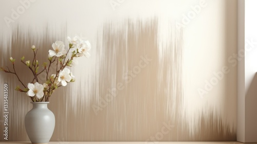 Vase with white flowers on a table against a neutral background