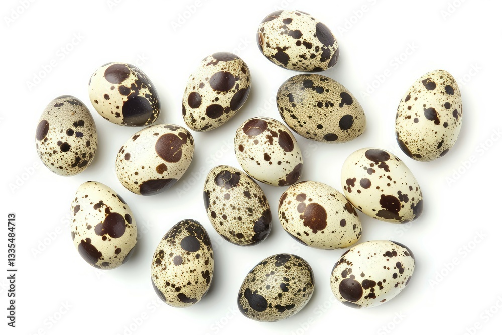 Speckled quail eggs on white background. AI generated Speckled quail eggs on white background. AI generated