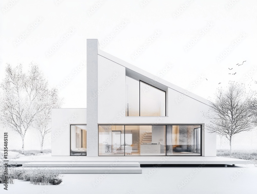 Modern white minimalist home with large windows and outdoor space Modern white minimalist home with large windows and outdoor space