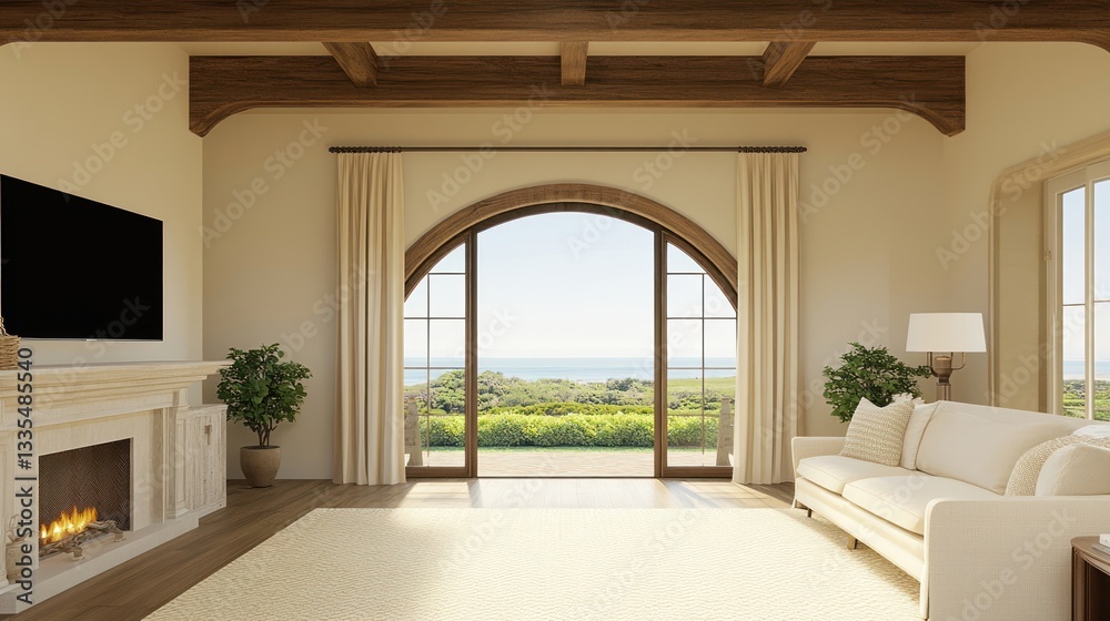 Obraz premium Living Room Interior with Ocean View and Fireplace in Home