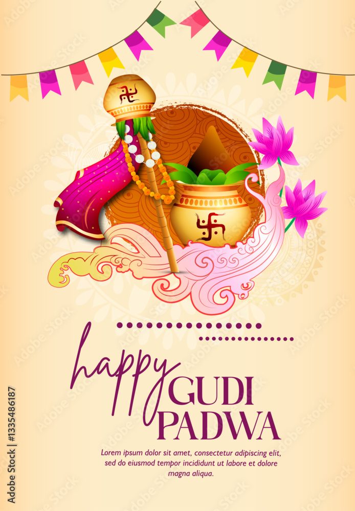 Fototapeta premium Creative Sale Banner Or Sale Poster For Occasion Of Happy Gudi Padwa Celebration (Lunar New Year) celebration of India with message in hindi meaning gudi padwa