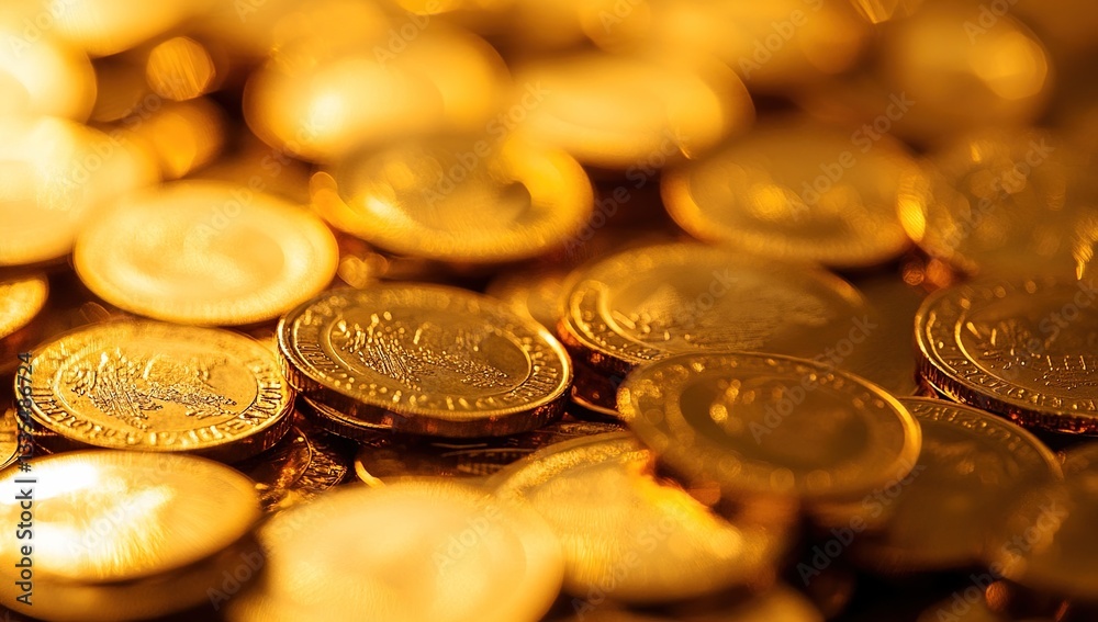 Golden Coins Shine Brightly: A Close-Up View of Wealth and Prosperity, Glistening Under the Light. Financial Success and Abundance. Golden Coins Shine Brightly: A Close-Up View of Wealth and Prosperity, Glistening Under the Light. Financial Success and Abundance.