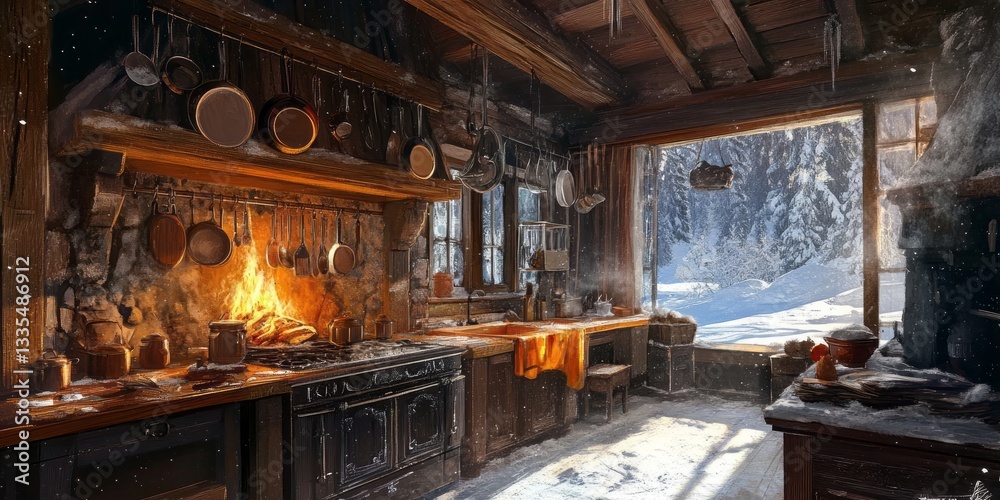 A rustic kitchen scene with a warm fire and snowy view A rustic kitchen scene with a warm fire and snowy view