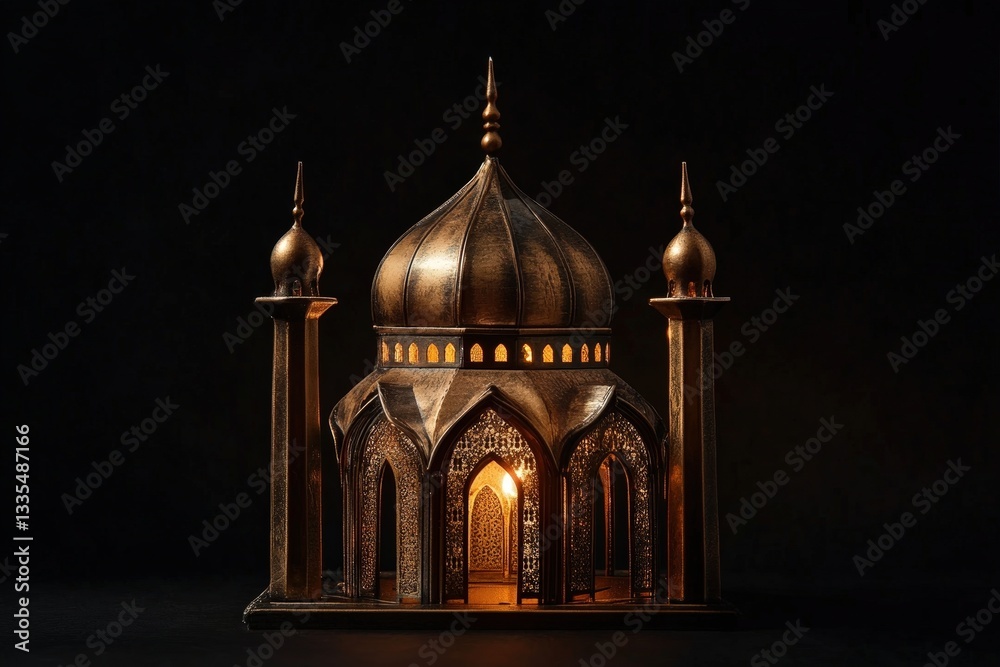 Fototapeta premium An ornate golden structure is illuminated against a dark background