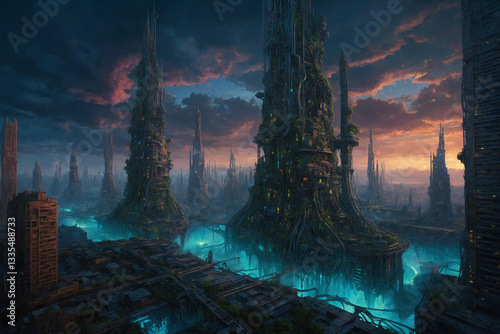 A sprawling futuristic metropolis with colossal spires and advanced transit lines glimmers beneath a foreboding, stormy sky.