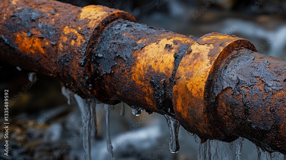 Rusty Metal Pipe Gracefully Leaking Water in a Forgotten Industrial Landscape Rusty Metal Pipe Gracefully Leaking Water in a Forgotten Industrial Landscape