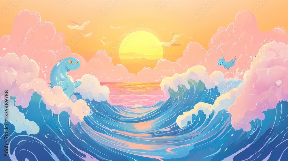Serene Sunset Seascape with Playful Creatures Serene Sunset Seascape with Playful Creatures