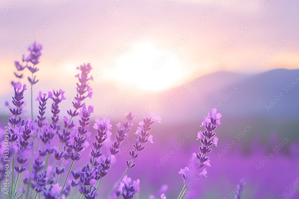 Fototapeta premium Lavender Field at Sunrise: A Serene Floral Scene