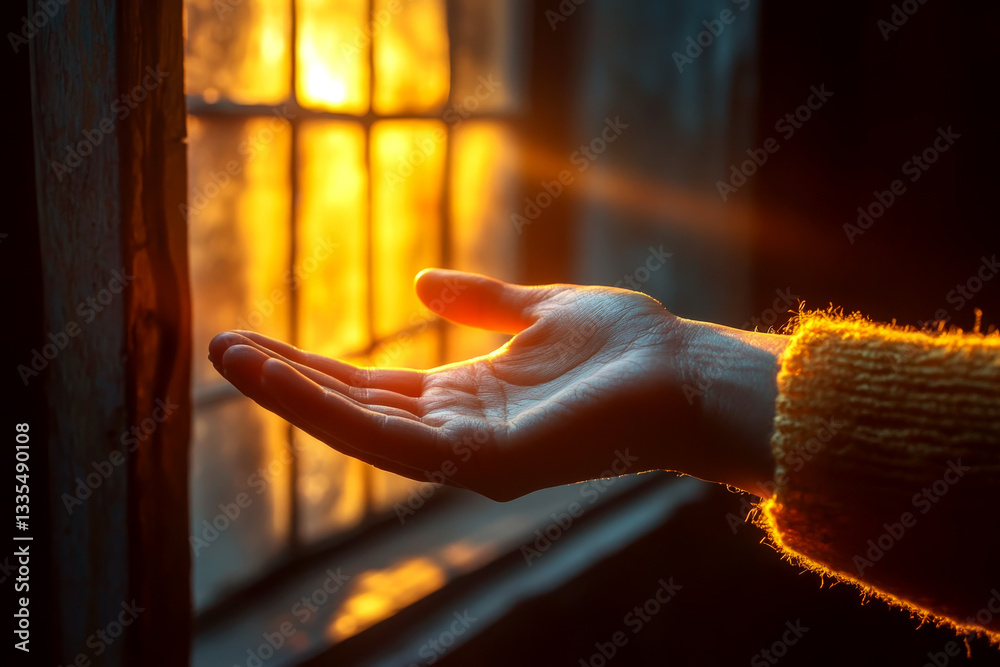 A hand reaches out toward a sunlit window in a dimly lit room. Concept of hope and warmth. For contemplative or inspirational content.