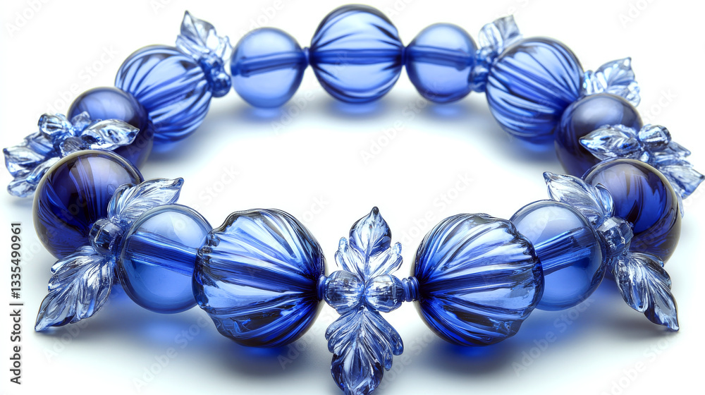 A circular bracelet made of blue, translucent glass beads with decorative leaf features on a white background. Concept of elegant jewelry design. For jewelry marketing.