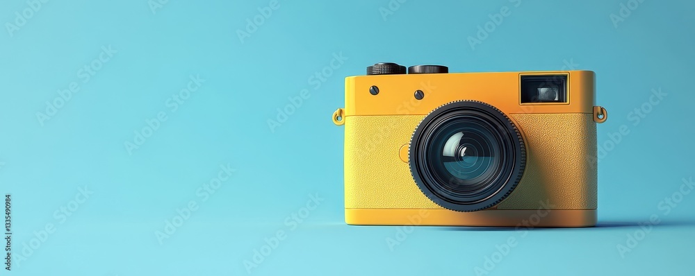 Fototapeta premium Vintage yellow camera on blue background with large lens and retro design