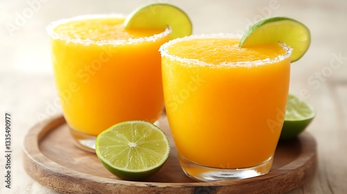 Two refreshing mango margaritas with lime wedges on a wooden tray.