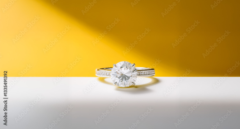 Elegant diamond ring sparkles against a vibrant yellow and white backdrop. The brilliant cut gemstone shines with light, set on a detailed band. A timeless symbol of love and commitment. Elegant diamond ring sparkles against a vibrant yellow and white backdrop. The brilliant cut gemstone shines with light, set on a detailed band. A timeless symbol of love and commitment.