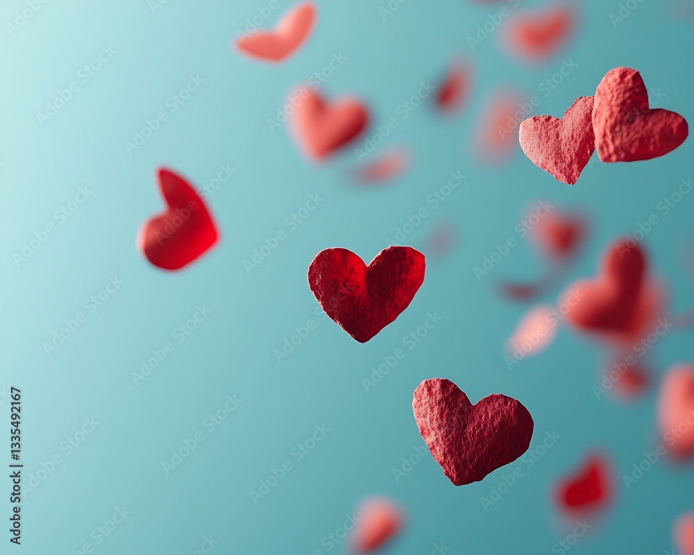 Floating red hearts against a light blue and smooth background Floating red hearts against a light blue and smooth background