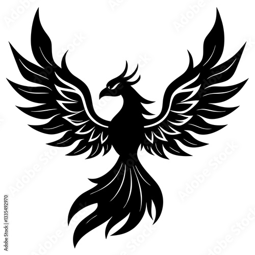 Mythical phoenix with digital flames silhouette vector illustration 