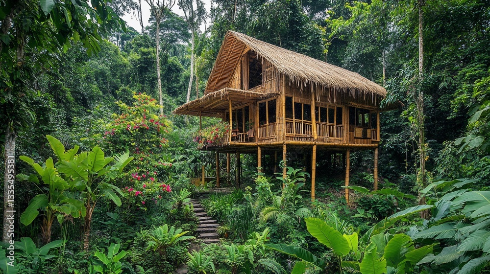Serene Bamboo House Retreat Nestled in Lush Tropical Rainforest Serene Bamboo House Retreat Nestled in Lush Tropical Rainforest