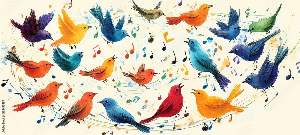 Fototapeta premium Folk Art Birds in Song, Birds singing