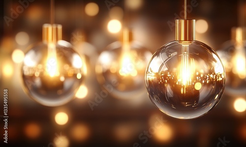 Glowing hanging light bulbs with bokeh background for festive decor