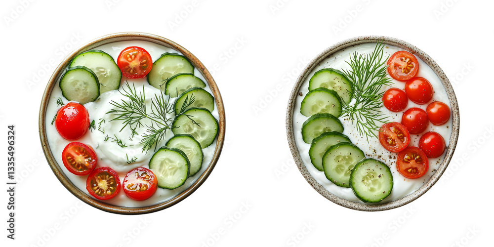 Fresh Vegetable Salad with Cherry Tomatoes and Cucumbers in Bowls