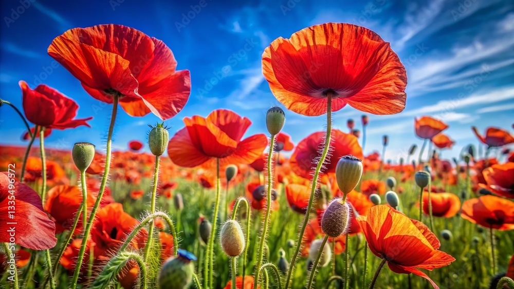 Fototapeta premium Vibrant Red Poppy Field Macro Photography: Spring Bloom Under Blue Sky