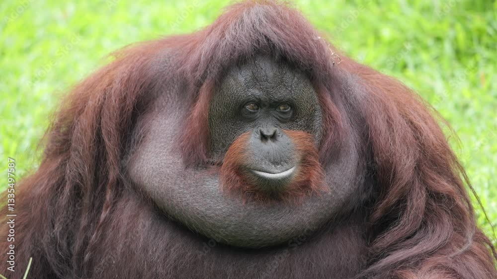A bornean orang utan sitting and showing funny expression outdoor
