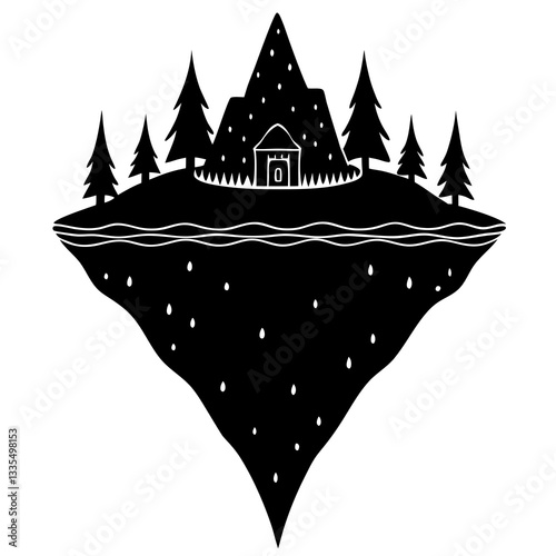  Tin floating island with a river running through  silhouette vector illustration 