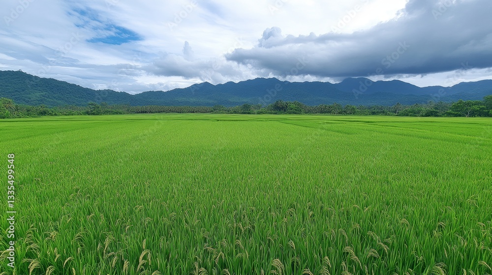 Morning dew droplets on green rice field countryside gigapixel image lush environment close-up view nature's beauty Morning dew droplets on green rice field countryside gigapixel image lush environment close-up view nature's beauty