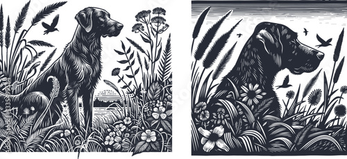 Engraving A Hunting Dog in the Reeds Surrounded by Wildflowers, Capturing the Essence of Nature's Beauty and the Hunt Linocut hunting dog, reeds, wildflowers, hunting, hunter, bird, swamp, engraving