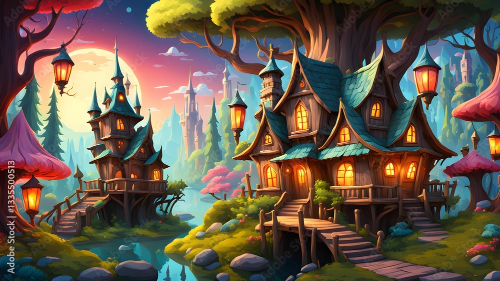 Fototapeta premium Picturesque fairytale village nestled a whimsical forest, illuminated warm lantern light sunset.