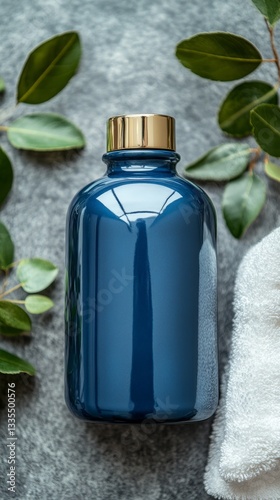 A blue bottle with a gold cap sits on a table next to a white towel. The bottle is filled with a clear liquid, and the towel is folded neatly. Concept of cleanliness and organization, with the bottle