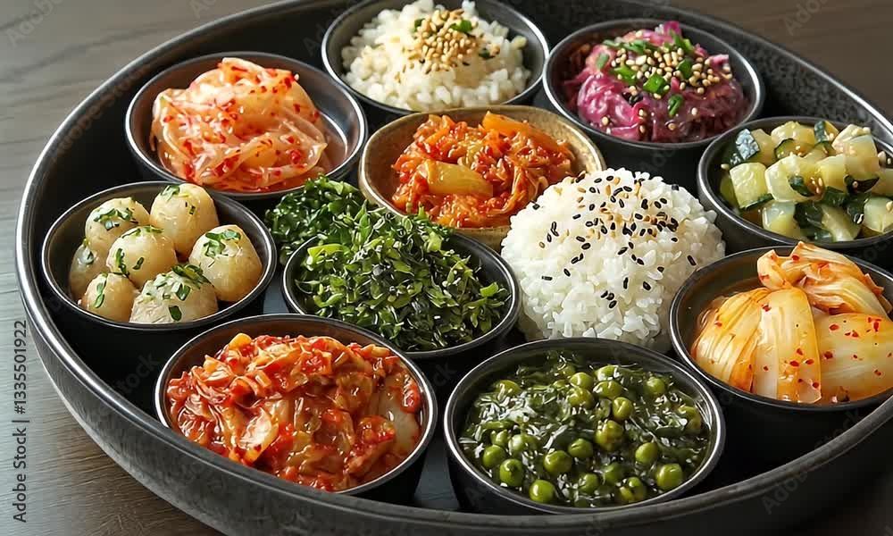 Assorted Korean Side Dishes Displayed in Beautiful Bowls with Colorful Rice and Kimchi on a Wooden Table Assorted Korean Side Dishes Displayed in Beautiful Bowls with Colorful Rice and Kimchi on a Wooden Table