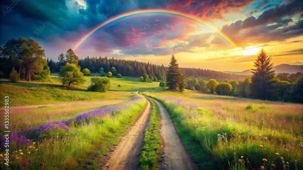 Obraz premium Vintage Rainbow Road to Peaceful Meadow - Serene Landscape Stock Photo