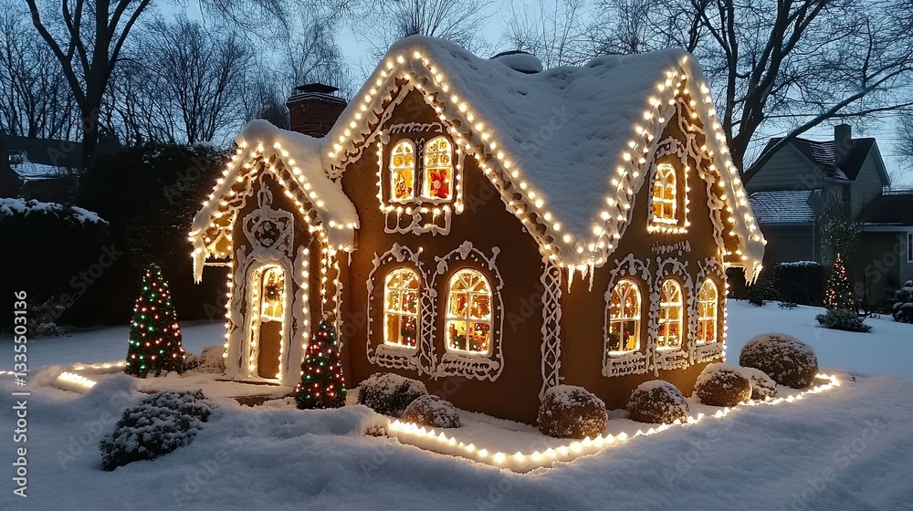Fototapeta premium Christmas Gingerbread House with window lights