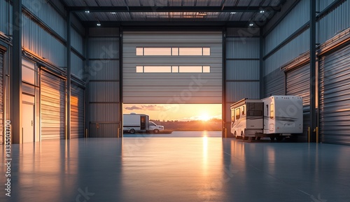 Vehicles Parked Inside a Large Warehouse Garage at Sunset with Open Doors, Showing a Tranquil and Serene Evening